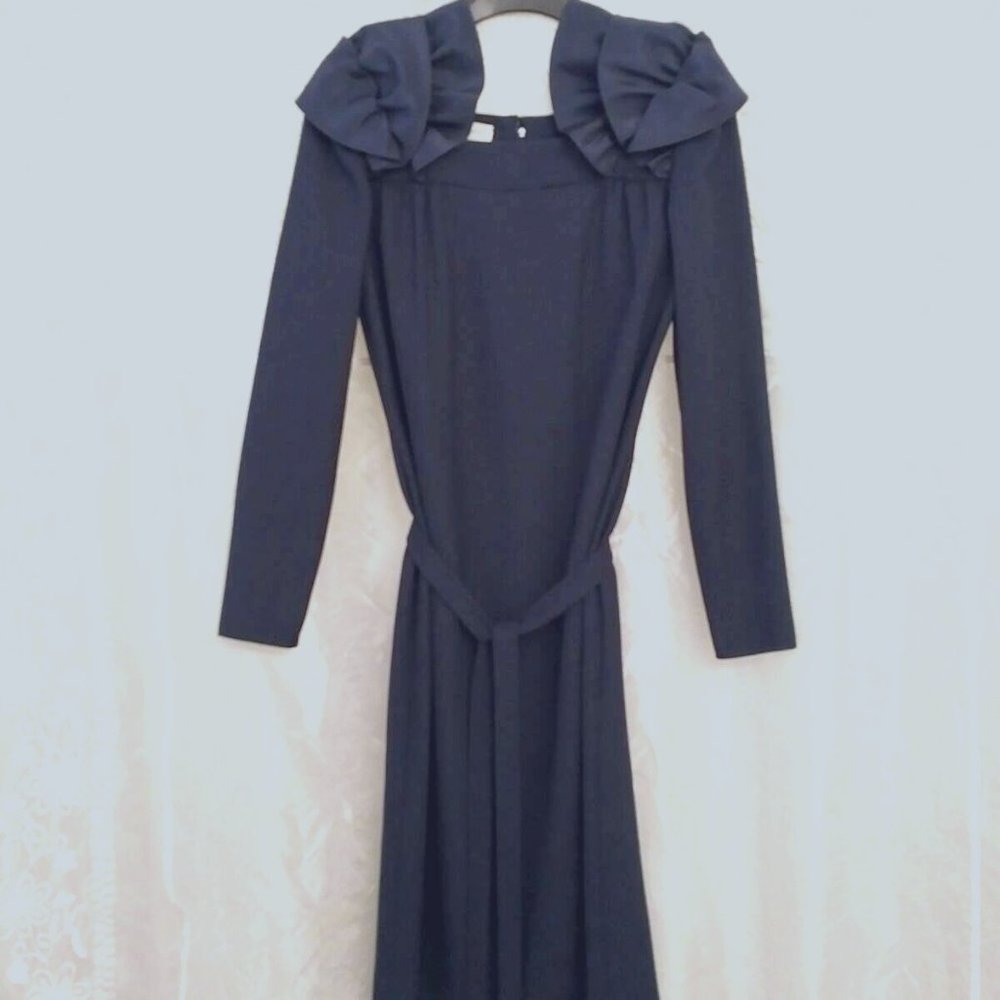 RARE Vintage Cezanne Midnight Navy Cocktail Dress, Statement Shoulders, Fits 8